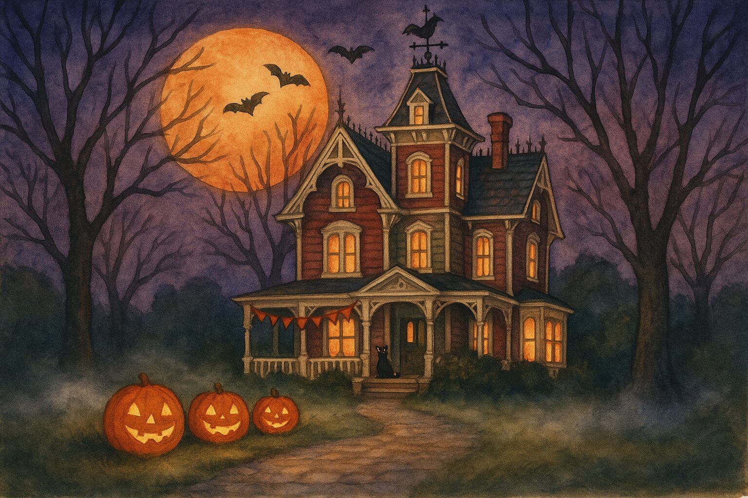 A whimsical illustration of a Victorian house lit by jack-o-lanterns at twilight, with a friendly black cat on the porch and bats stippling a harvest moon